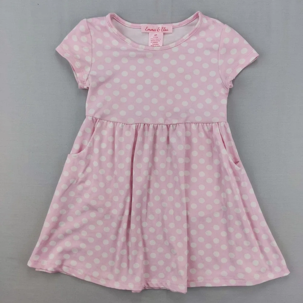 Emma & Elsa Dress Girls 4T Pink Polka Dot Short Sleeve Pockets KDD231130XX-14